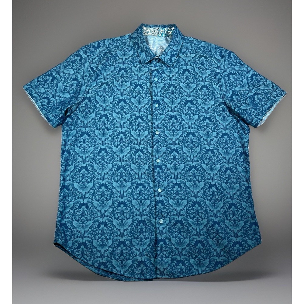 Robert Graham Mens XL Short Sleeve Button Down Shirt Blue Floral Damask Cotton